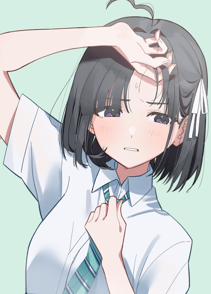 1girl, absurdres, ahoge, awa_subaru, black_hair, black_ribbon, blue_necktie, commentary