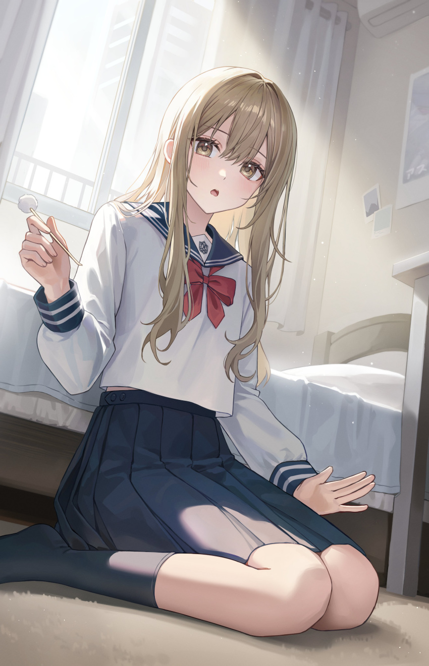 1boy, absurdres, androgynous, as4_s2, bed, bedroom, blonde_hair, blue_sailor_collar