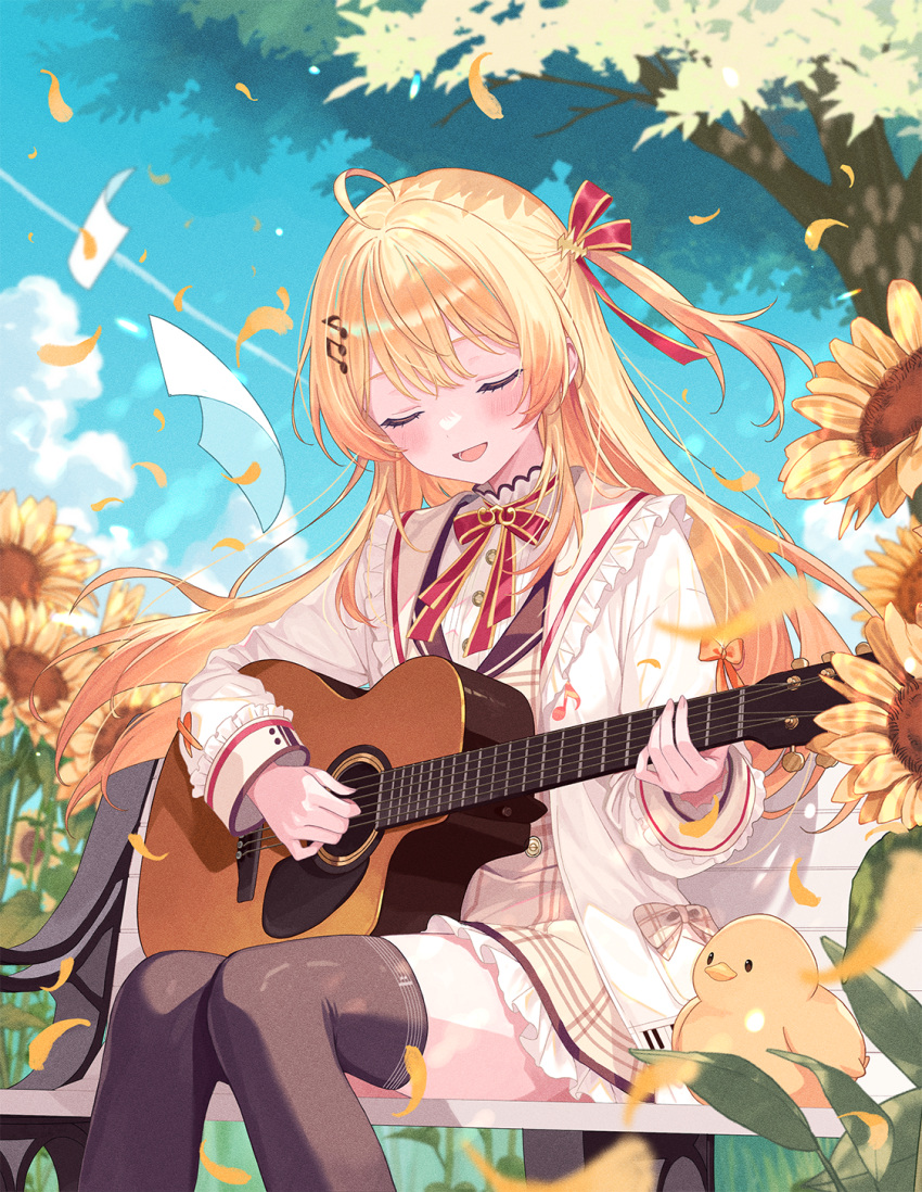 1girl, ahoge, bird, blonde_hair, blush, commentary_request, dress, flower