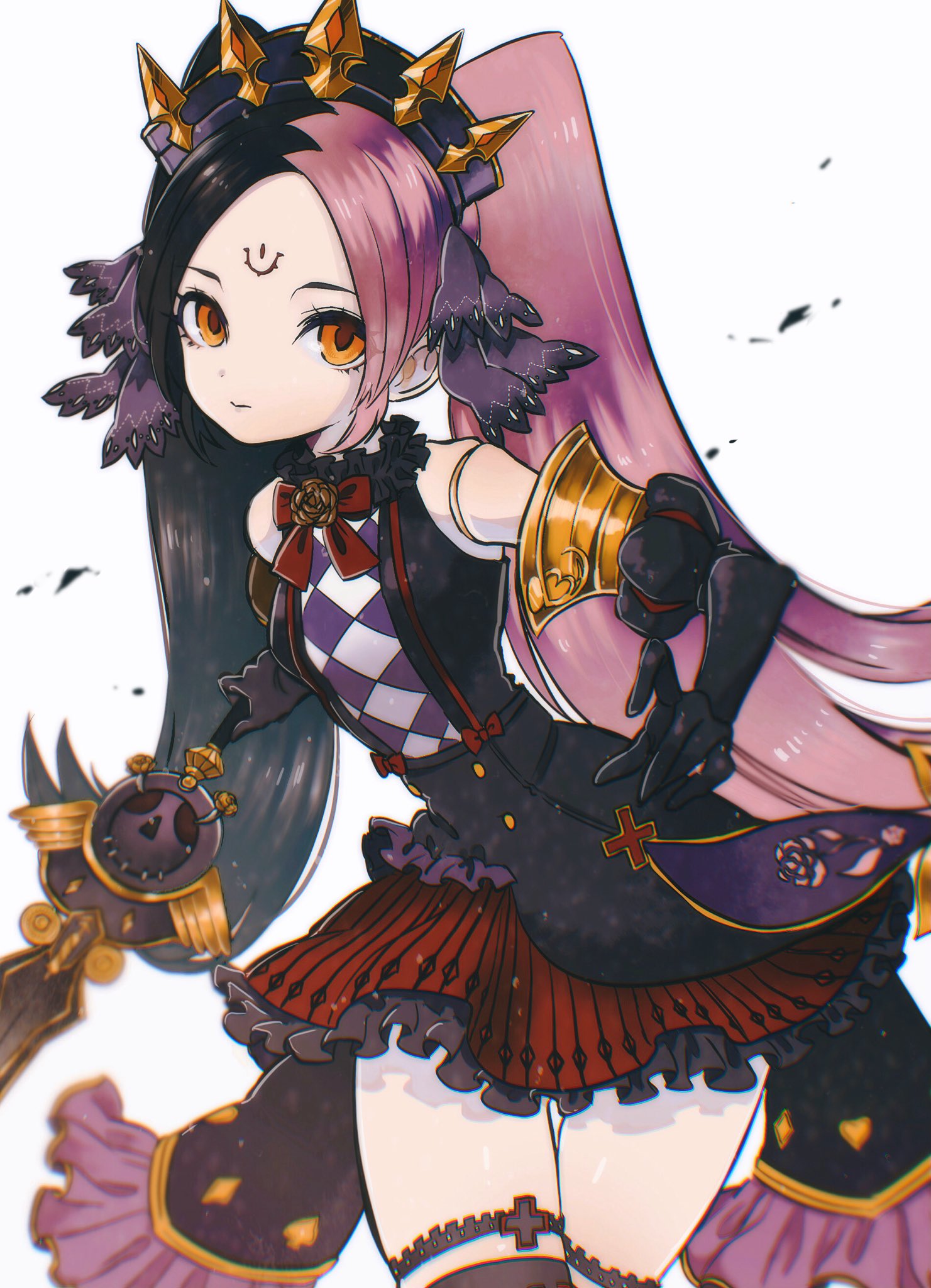 1girl, artistic_error, bare_shoulders, black_gloves, black_hair, black_tiara, bow, breasts