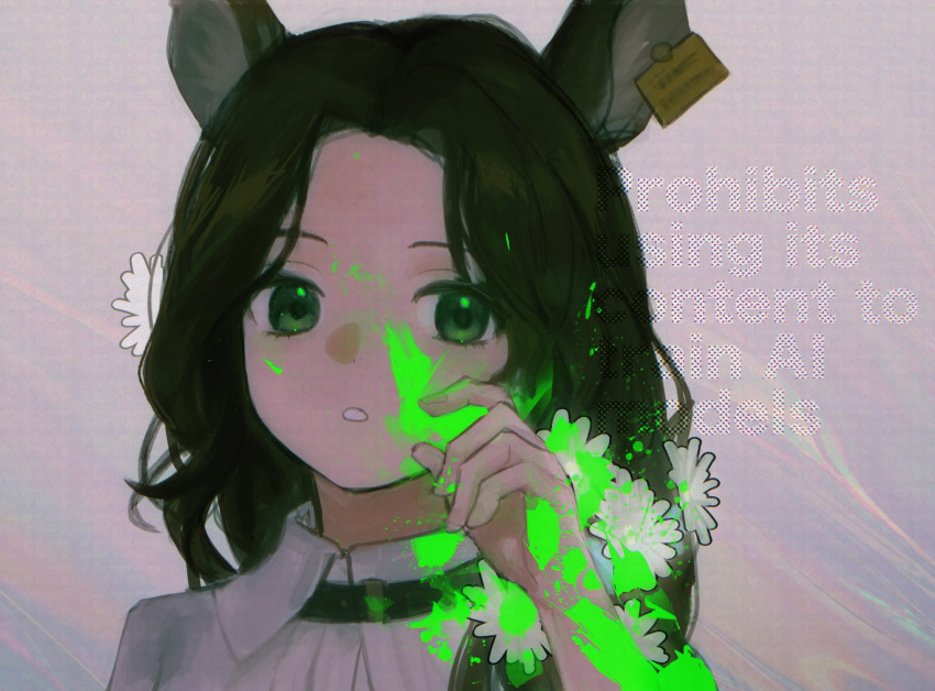 1girl, :o, animal_ears, brown_hair, collared_shirt, deer_ears, deer_girl, ear_tag