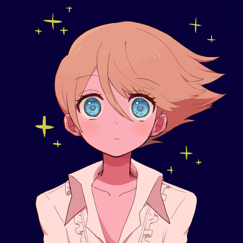 1boy, blonde_hair, blue_background, blue_eyes, blush, closed_mouth, collared_shirt, commentary_request