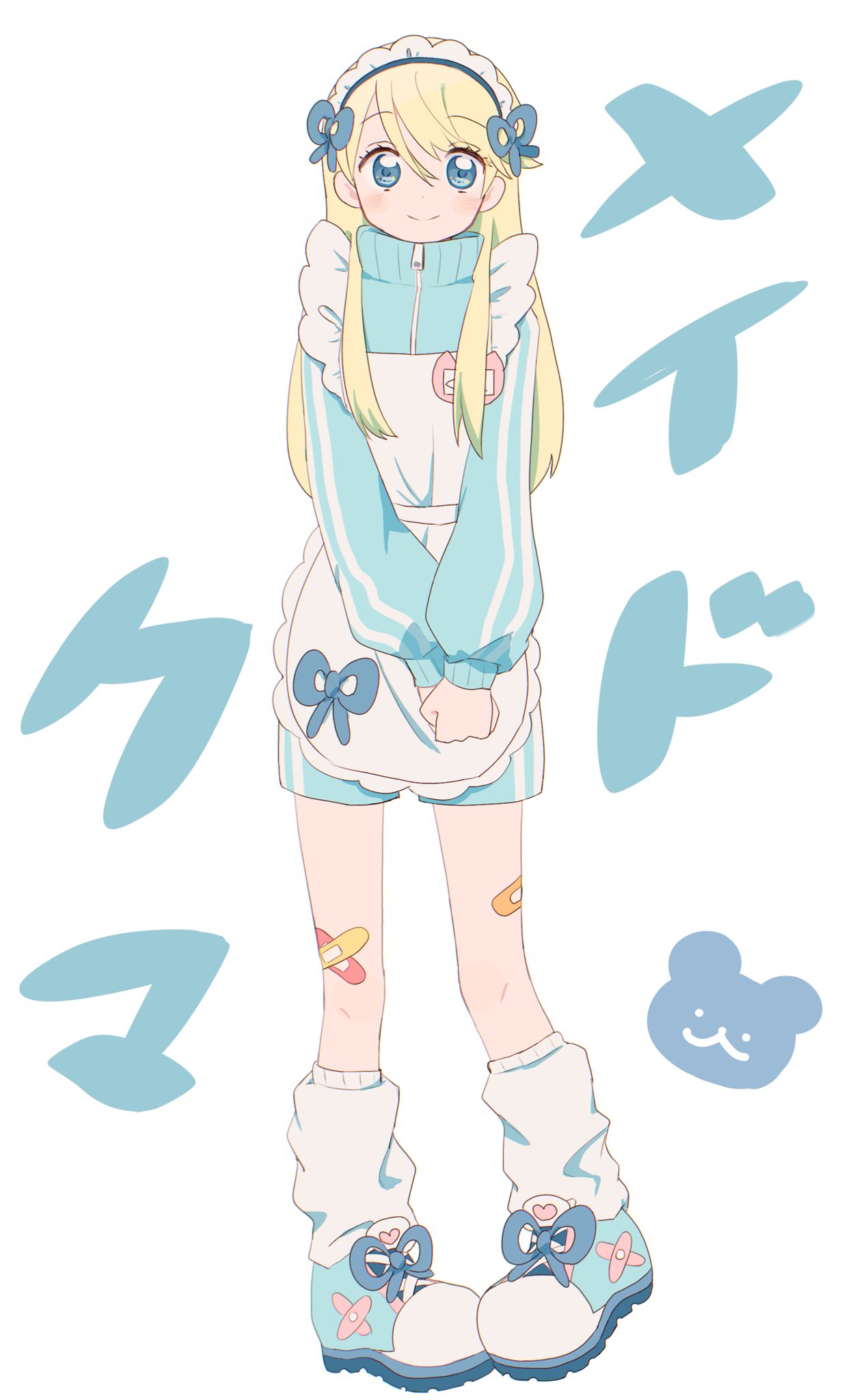 1boy, apron, bandaid, bandaid_on_leg, blonde_hair, blue_eyes, blue_jacket, blue_shoes