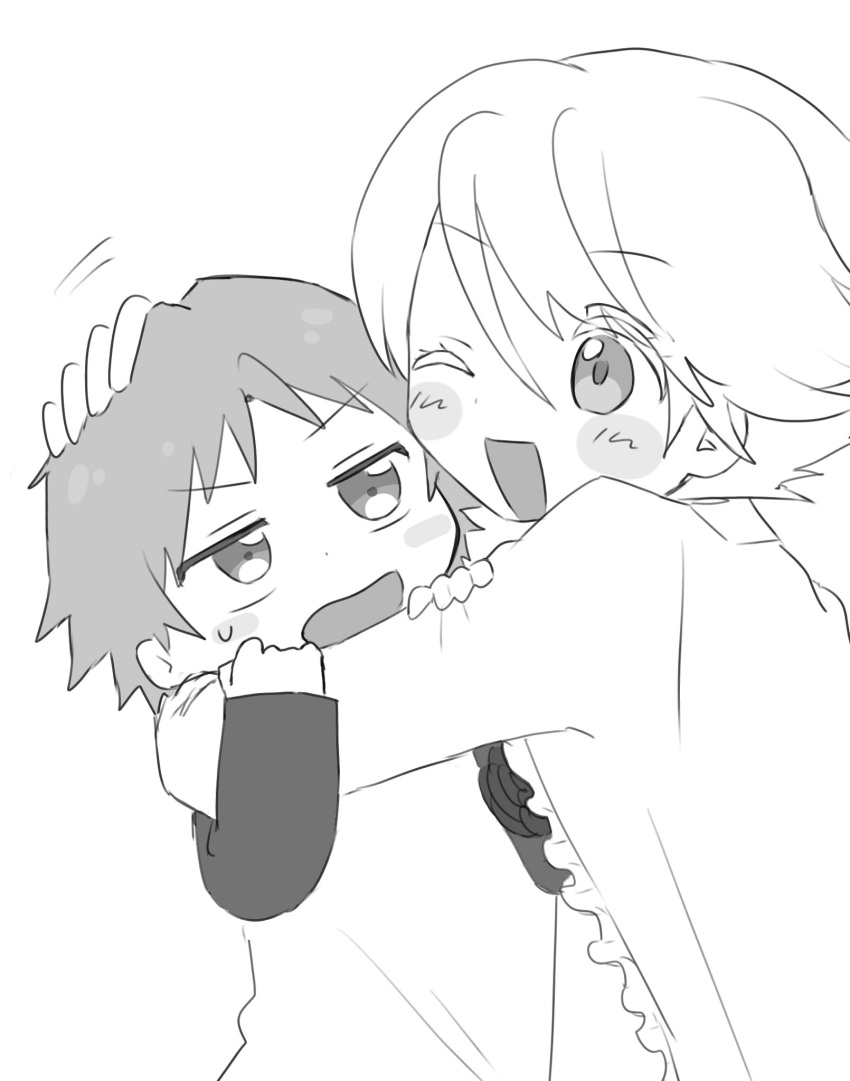 2boys, blush, commentary_request, greyscale, half-closed_eyes, hanamura_yousuke, hand_on_another's_head, highres