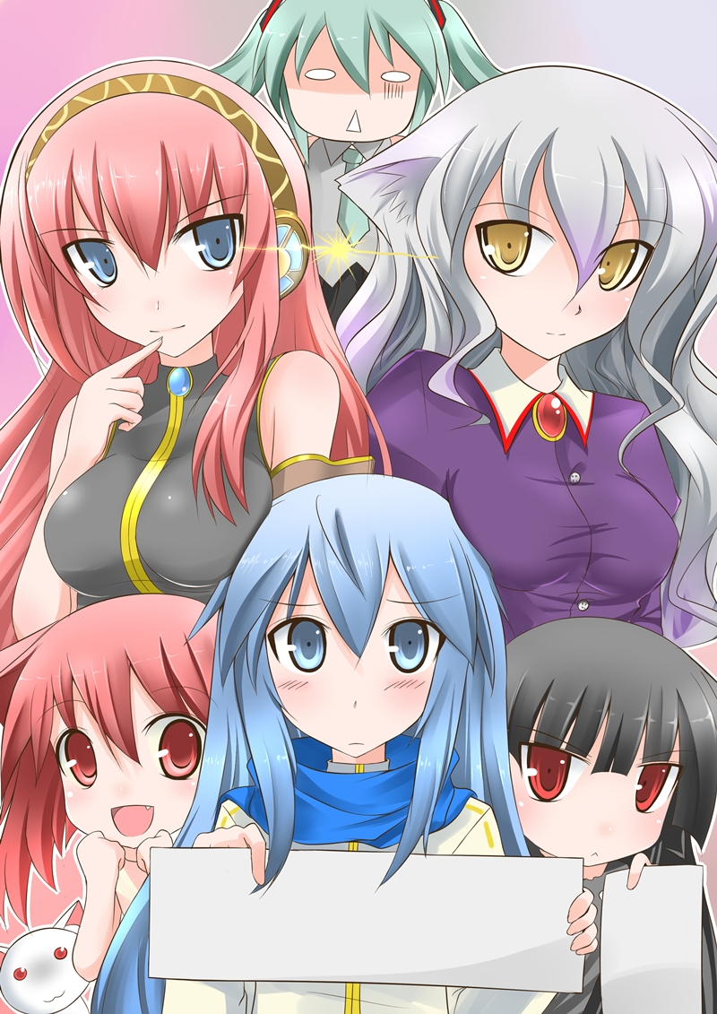 between_breasts, cat_ears, catstudio_(artist), fang, genderswap, hatsune_miku, kaito, kuro_(miku_plus)