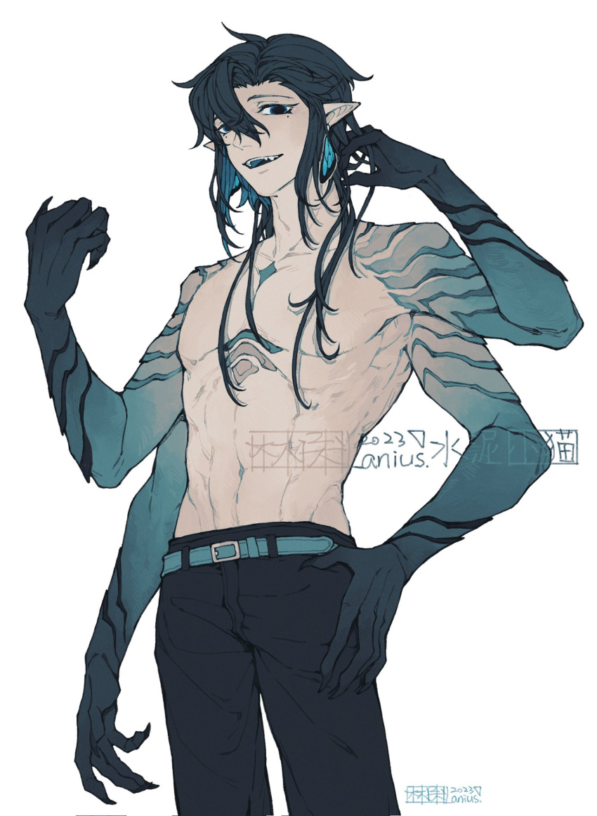 1boy, black_eyes, black_hair, blue_eyes, blue_hair, butterfly_earrings, claws, colored_extremities