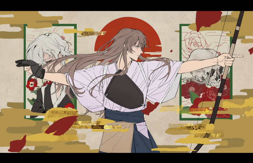 2boys, aiming, archery, black_gloves, blue_hakama, bow_(weapon), brown_hair, bug, centipede, closed_mouth, commentary_request, egasumi, flower, friedmola, gintama, gloves, grey_hair, hakama, hakama_skirt, highres, holding, holding_bow_(weapon), holding_weapon, japanese_clothes, kimono, kyuudou, letterboxed, long_hair, male_focus, multiple_boys, muneate, oboro_(gintama), outstretched_arms, partially_fingerless_gloves, petals, profile, single_glove, skirt, skull, tasuki, teacher_and_student, weapon, yoshida_shouyou, yugake