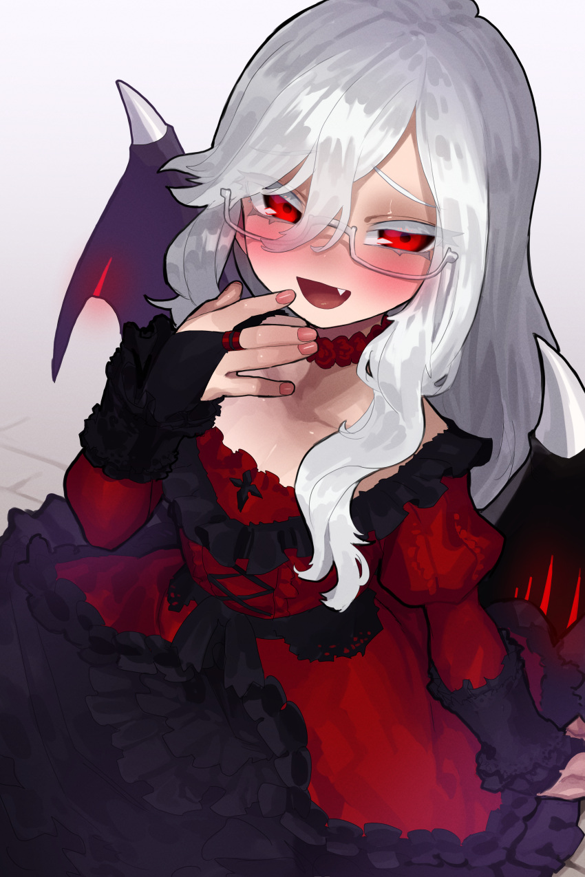 1girl, absurdres, breasts, bridal_gauntlets, commission, demon_wings, dress, ekrea_jan