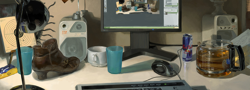 computer_keyboard, computer_mouse, cup, desk, glass, jana_schirmer, janaschi, lamp