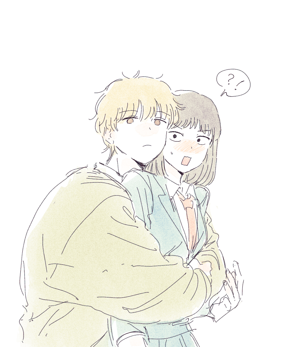!?, 1boy, 1girl, black_eyes, blonde_hair, blush, brown_eyes, brown_hair