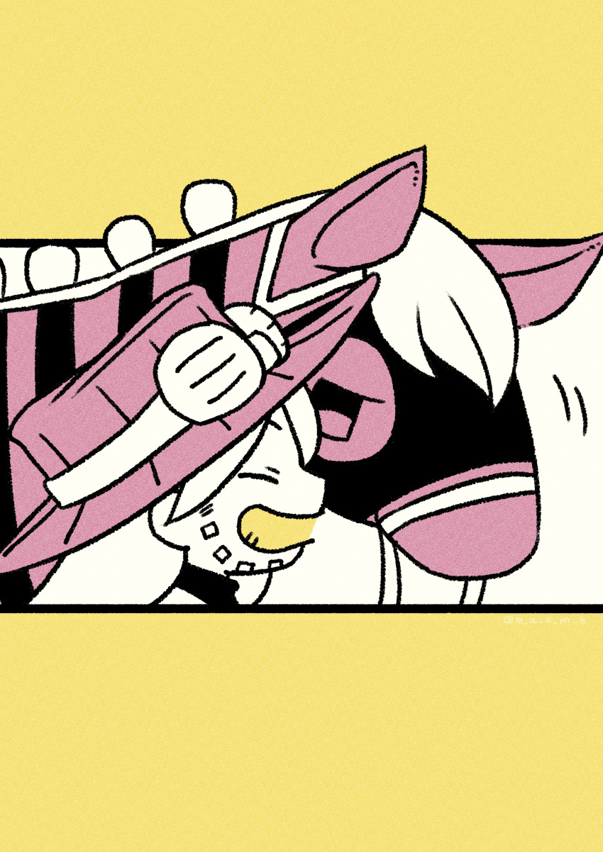 1boy, absurdres, beard, border, chibi, chibi_only, closed_eyes, commentary, cowboy_hat, facial_hair, from_side, goggles, goggles_on_headwear, gold_teeth, grin, gyro_zeppeli, hat, highres, horse, jojo_no_kimyou_na_bouken, limited_palette, long_hair, looking_at_another, m_a_a_m_8, mask, reins, smile, steel_ball_run, symbol-only_commentary, valkyrie_(jojo)