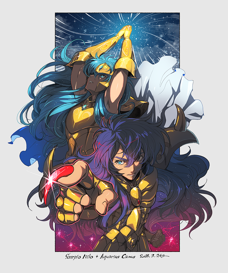 2018, 2boys, aiming, aiming_at_viewer, androgynous, aquarius_camus, armor, aurora_execution, bishounen, blue_eyes, blue_hair, cape, character_name, clenched_hand, cryokinesis, dated, fighting_stance, gauntlets, glimt, gold_armor, gold_cloth, gold_saint, kinako_(462), long_hair, looking_at_viewer, male_focus, multiple_boys, nail_polish, open_mouth, outline, outstretched_arm, outstretched_hand, pointing, pointing_at_viewer, powering_up, red_nails, red_outline, saint_seiya, scorpio_milo, shoulder_spikes, snowflakes, spiked_pauldrons, spikes, v-shaped_eyebrows, very_long_fingernails, white_cape