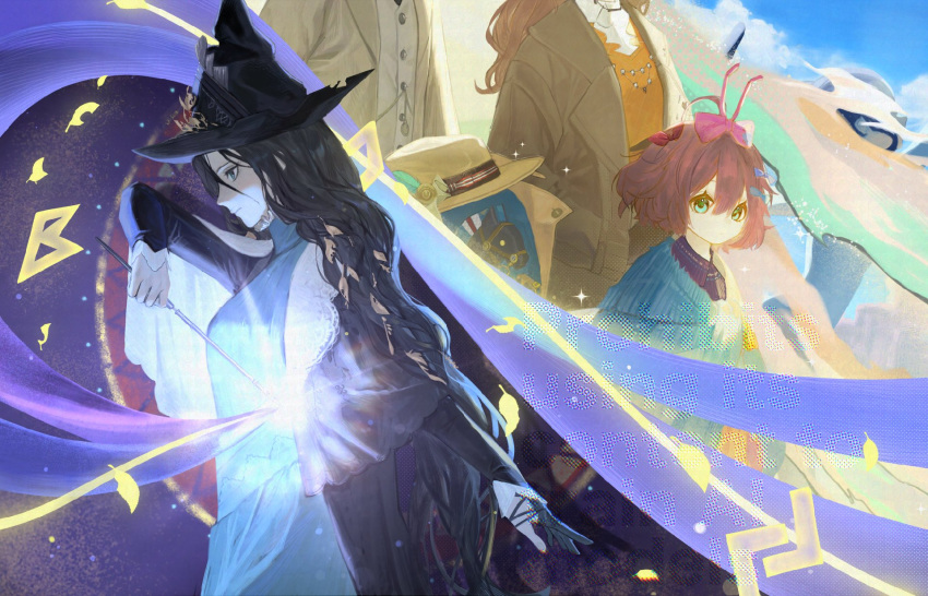 1boy, 3girls, ahoge, arthur_fog, black_cape, black_gloves, black_hair, black_hat