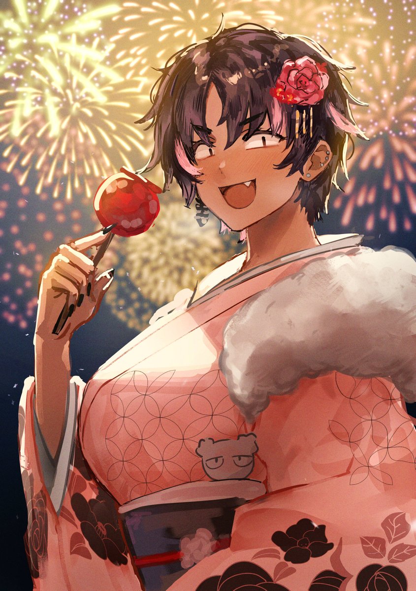 1girl, :d, aerial_fireworks, black_hair, black_nails, blurry, blurry_background, blush