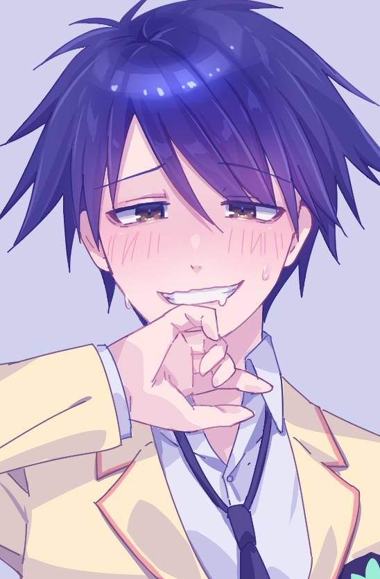 1boy, blazer, blush, brown_jacket, chaos;head, collared_shirt, covering_own_mouth, dress_shirt