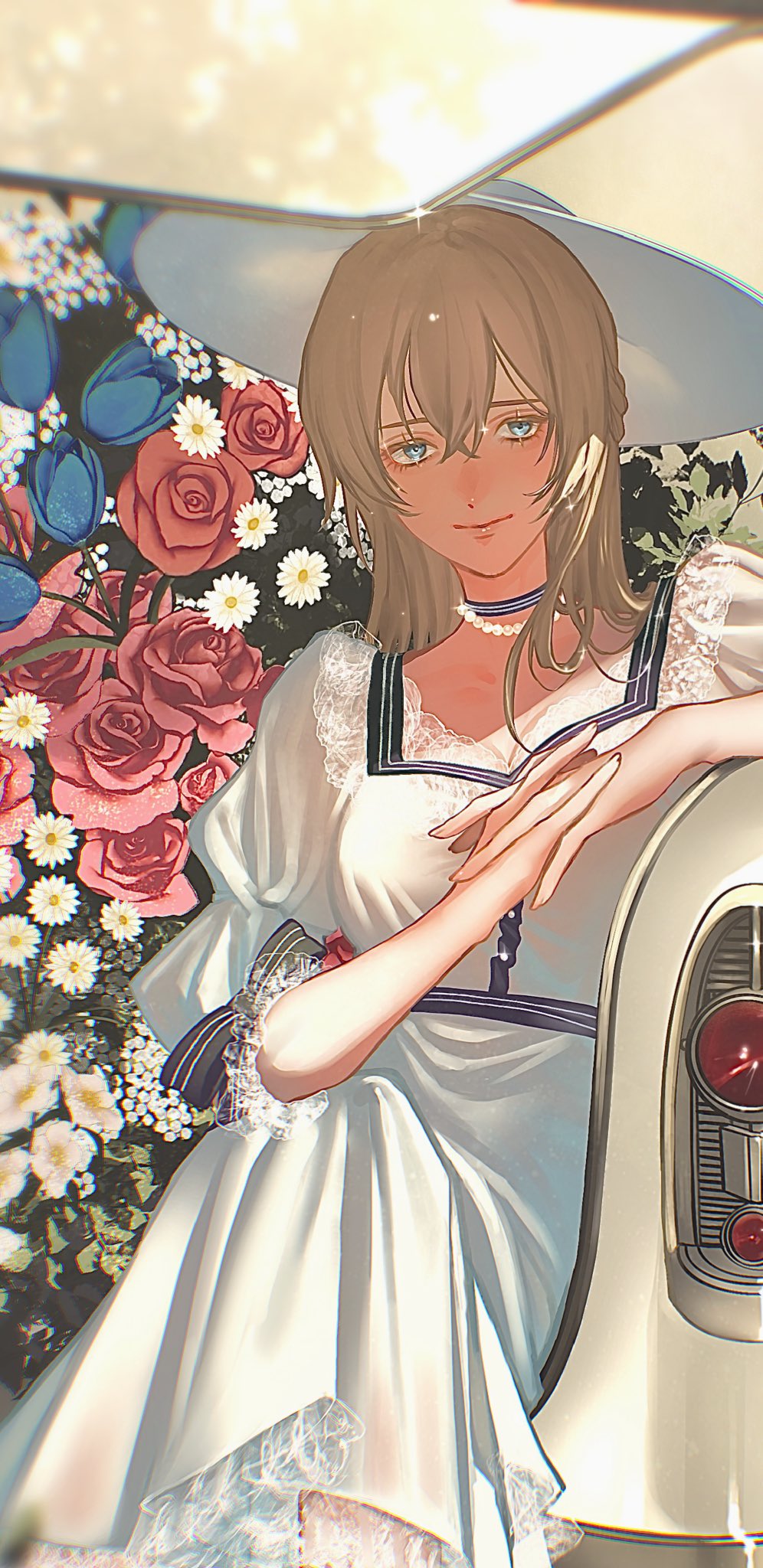 1girl, alternate_costume, blonde_hair, blue_eyes, blue_flower, blue_rose, braid, car_trunk