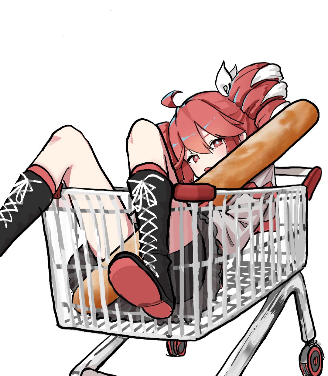 1girl, baguette, bike_shorts_under_skirt, black_boots, black_shorts, boots, bread, bright_pupils, colored_shoe_soles, commentary, drill_hair, food, full_body, grey_jacket, grey_skirt, highres, holding, holding_food, in_shopping_cart, jacket, kasane_teto, kasane_teto_(sv), looking_at_viewer, red_eyes, red_trim, shopping_cart, shorts, simple_background, skirt, solo, symbol-only_commentary, synthesizer_v, twin_drills, twintails, uranium10, white_background, white_pupils