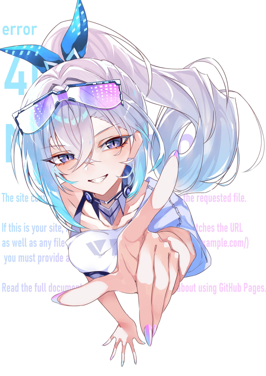 1girl, absurdres, black_sports_bra, blue_hair, blue_nails, blue_ribbon, bra_strap, collarbone