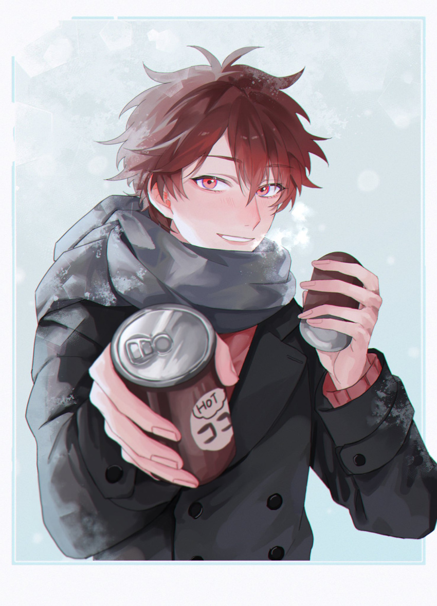 1boy, brown_hair, can, can_pull_tab, ensemble_stars!, grey_scarf, hands_up, highres