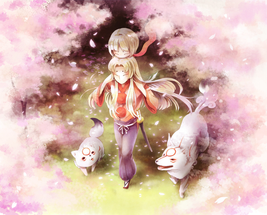 ao2222, blonde_hair, character_request, cherry_blossoms, chibiterasu, closed_eyes, eyes_closed, highres, japanese_clothes, kuro_(okami), kuro_(ookami), kurou_(okamiden), long_hair, okami, okamiden, ookami_(game), ookamiden, scarf, sheath, sword, tattoo, ushiwakamaru, weapon, wolf