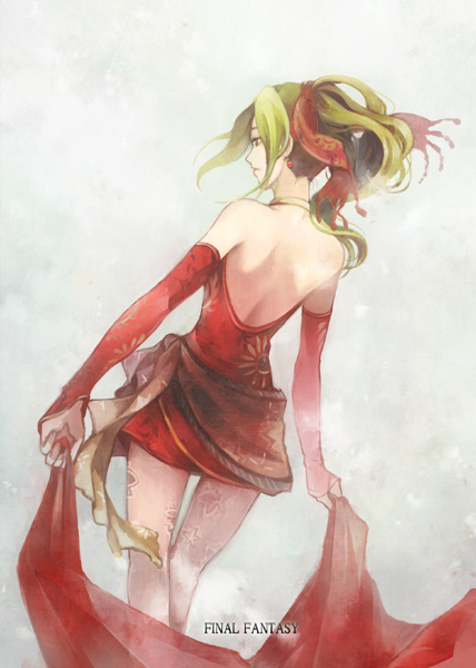 bare_shoulders, detached_sleeves, dress, earrings, final_fantasy, final_fantasy_vi, flower, from_behind