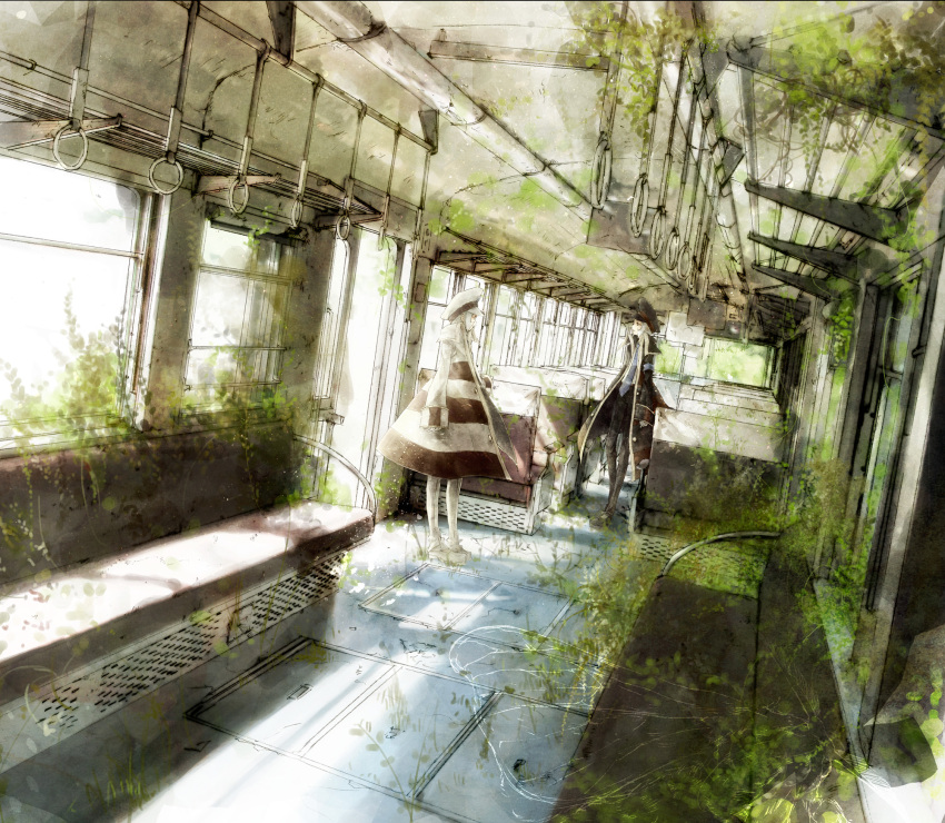 coat, grey_eyes, grey_hair, hat, highres, jacket, kudari_(pokemon), moth, multiple_boys, nobori_(pokemon), overgrown, pants, peaked_cap, pokemon, pokemon_(game), pokemon_black_and_white, pokemon_bw, rinka_(zocon), train, train_interior