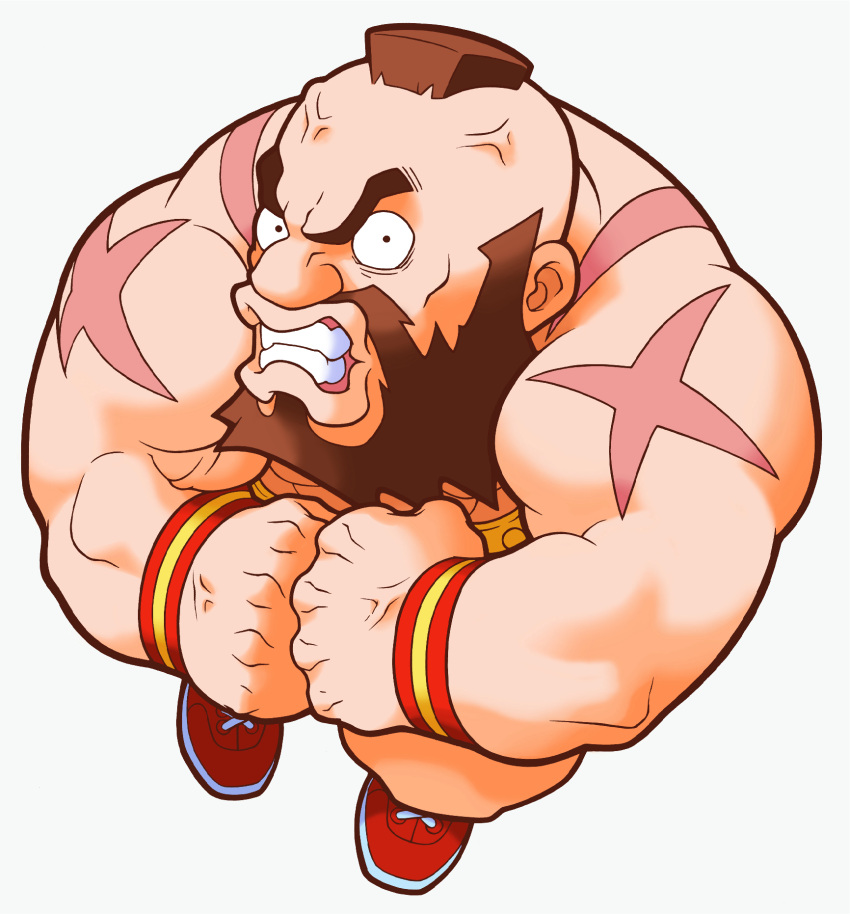 1boy, beard, chibi, clenched_hands, clenched_teeth, facial_hair, flexing, from_above