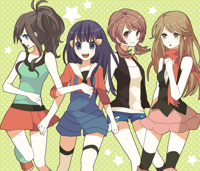 4girls, :d, :o, arms_interlocked, bare_shoulders, blue_(pokemon), blue_(pokemon)_(cosplay), blue_eyes