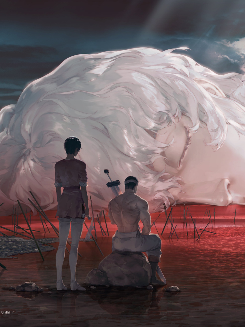 1girl, 2boys, absurdres, alternate_size, berserk, black_hair, boots, brown_boots