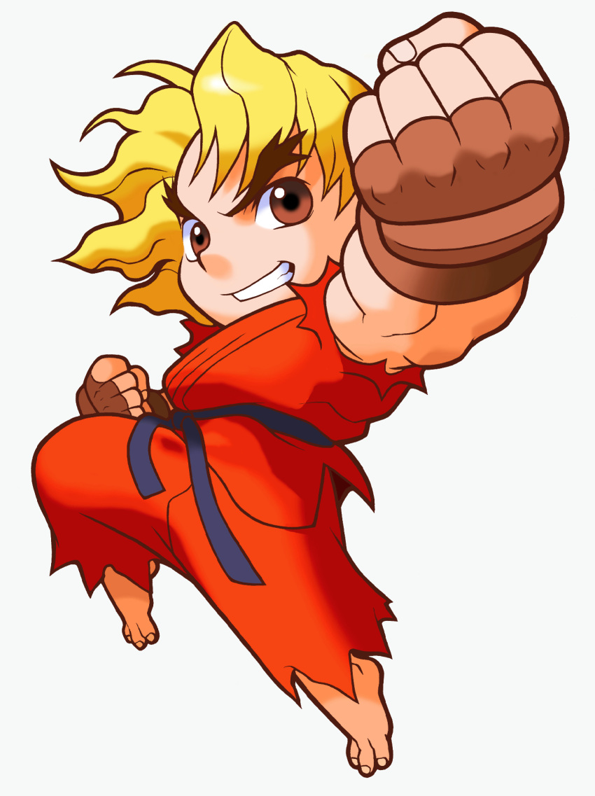 1boy, belt, black_belt, blonde_hair, chibi, clenched_hands, dougi, fingerless_gloves