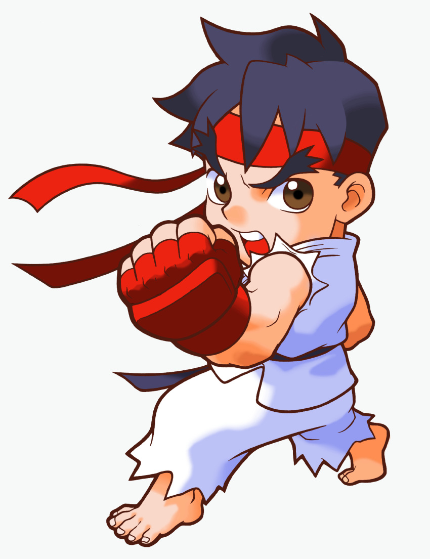 1boy, barefoot, black_hair, brown_eyes, chibi, clenched_hand, dougi, fighting_stance