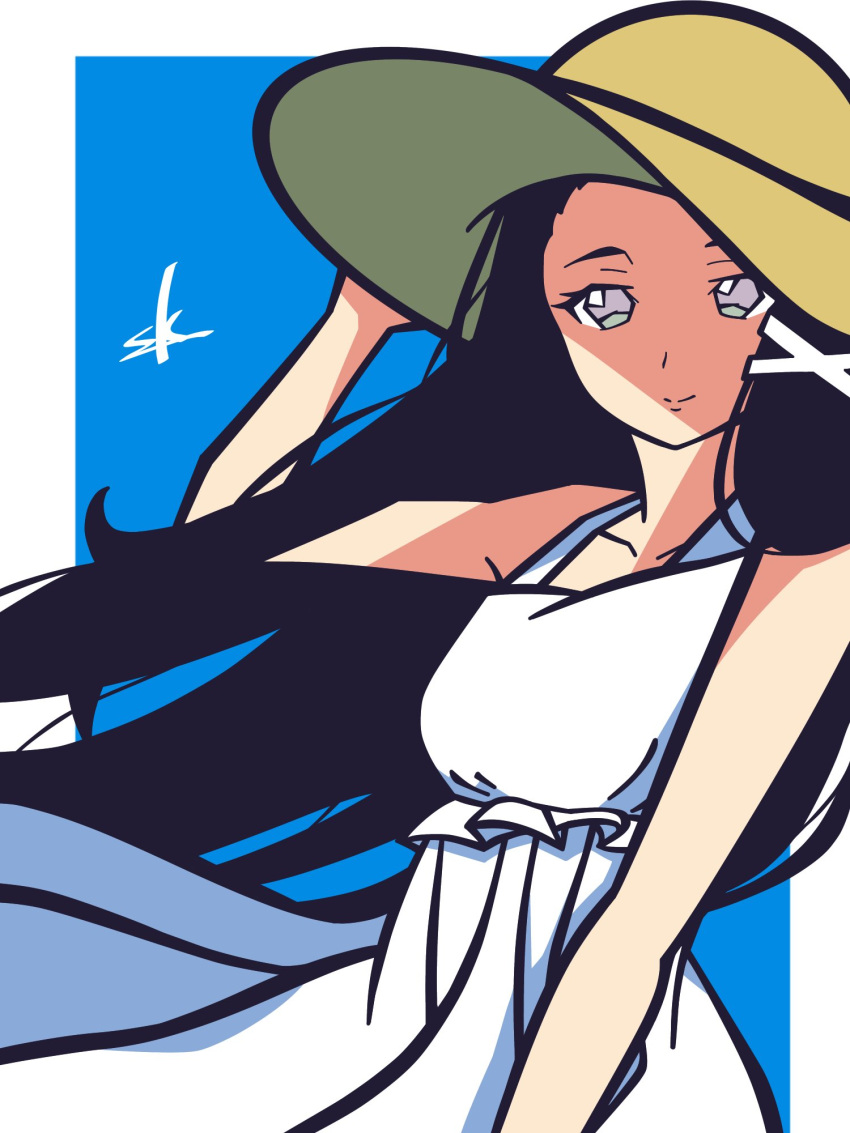 01sceptile, 1girl, alternate_breast_size, alternate_costume, bad_id, bad_twitter_id, blue_background, border, breasts, brown_hair, closed_mouth, dress, grey_eyes, grimms_notes, hair_ornament, hand_up, hat, highres, long_hair, looking_at_viewer, medium_breasts, mona_lisa_(grimms_notes), signature, smile, solo, straw_hat, upper_body, white_border, white_dress, x_hair_ornament