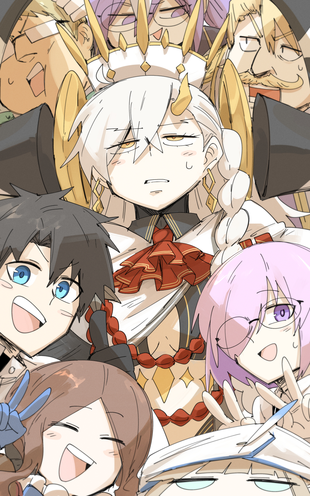 4boys, 4girls, black_hair, blonde_hair, blue_eyes, braid, brown_hair, captain_nemo_(fate)