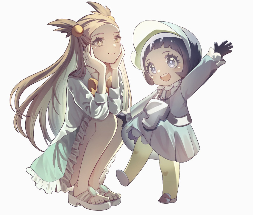 2girls, black_gloves, black_hair, blush, bonnet, bow, breasts, brown_eyes