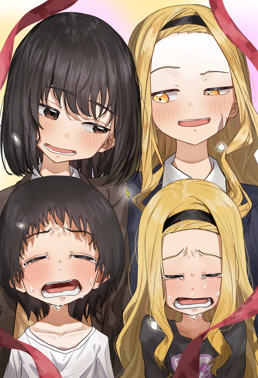 bangs_pinned_back, black_hair, blonde_hair, blush, brown_eyes, hairband, highres, kirarazaka_marina, kuze_shizuka, long_hair, long_sleeves, open_mouth, ribbon, school_uniform, shirt, short_hair, smile, spoilers, takopii_no_genzai, tears, uzuraa, white_shirt, yellow_eyes