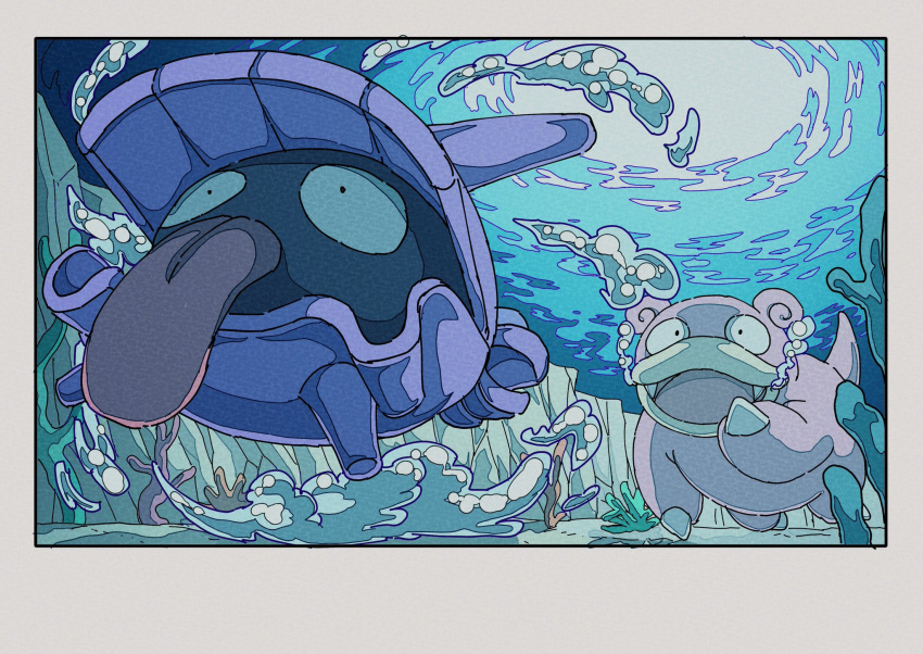 air_bubble, animal_focus, bubble, fangs, highres, no_humans, onamuzi_illust, open_mouth, outdoors, pokemon, pokemon_(creature), pokemon_focus, shellder, slowpoke, smile, swimming, tail, tongue, tongue_out, underwater, water