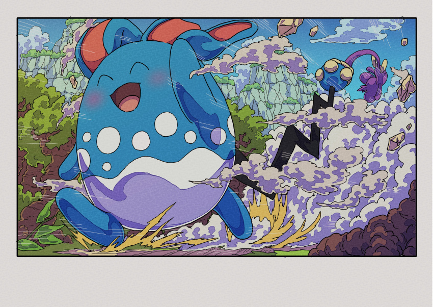 absurdres, aipom, azumarill, blue_sky, blush, closed_eyes, forest, full_body