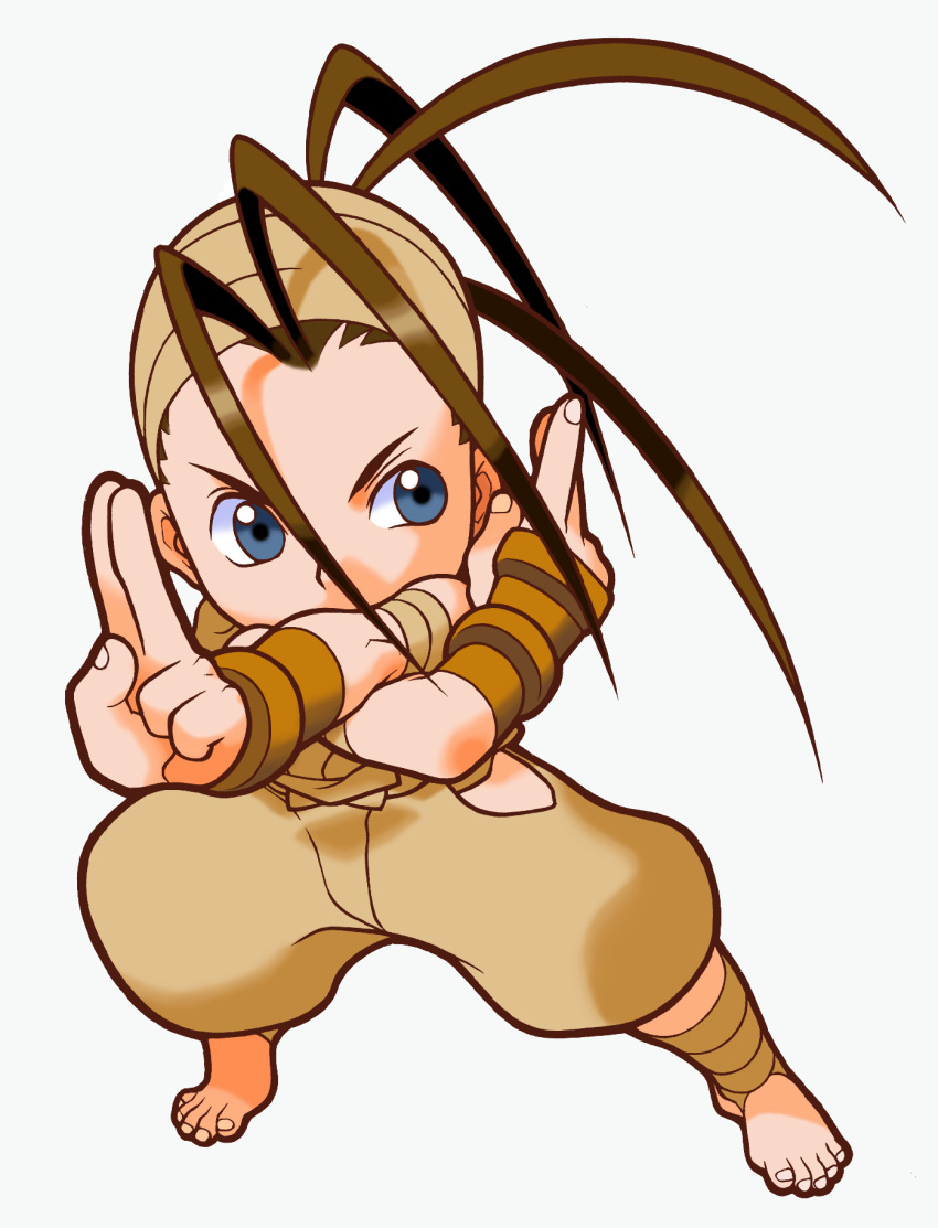 1girl, ankle_wrap, antenna_hair, bandages, bandana, barefoot, blue_eyes, brown_hair