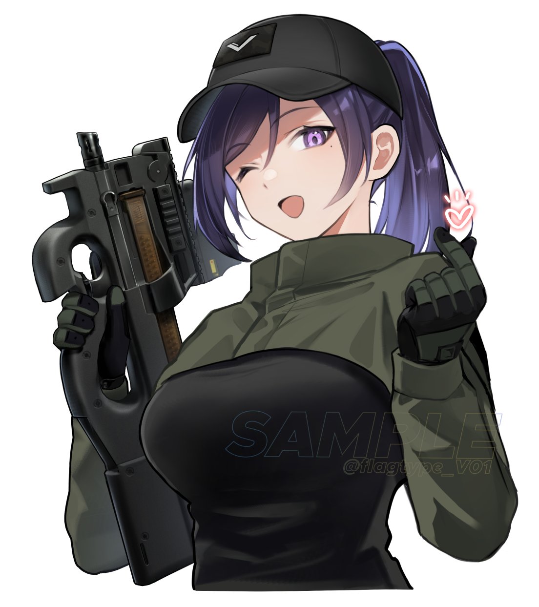 1girl, baseball_cap, black_gloves, black_hat, bullpup, commentary, cropped_torso, finger_heart, gloves, green_gloves, green_shrug, gun, hat, highres, holding, holding_gun, holding_weapon, looking_at_viewer, mole, mole_under_eye, one_eye_closed, open_mouth, original, p90, purple_hair, sample_watermark, shiroyama_soh, smile, solo, submachine_gun, symbol-only_commentary, trigger_discipline, two-tone_gloves, violet_eyes, watermark, weapon