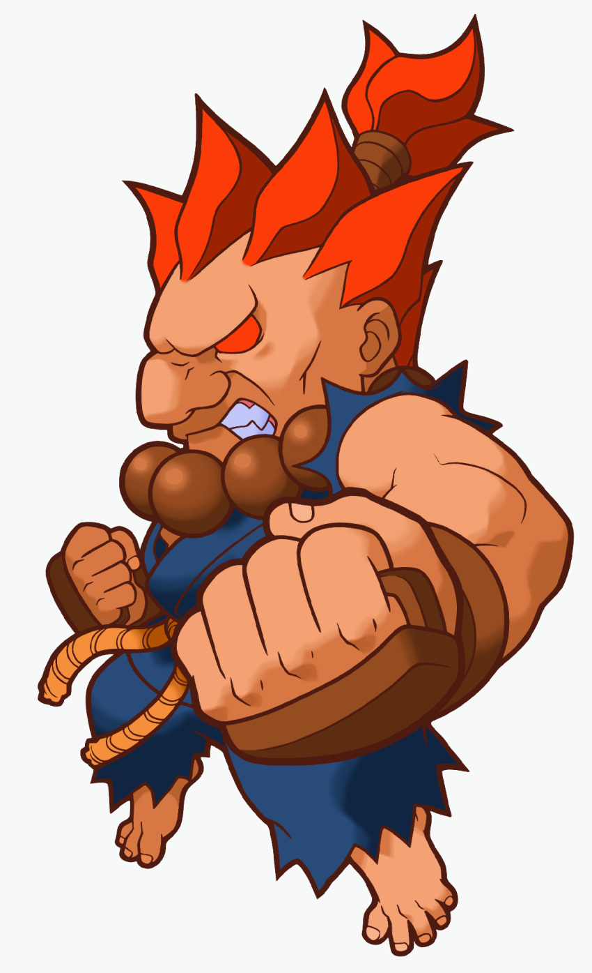 1boy, akuma_(street_fighter), angry, barefoot, beads, chibi, clenched_hands, clenched_teeth