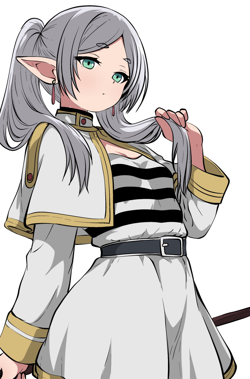 1girl, absurdres, arm_at_side, belt, black_belt, breasts, capelet, closed_mouth, cowboy_shot, ding36, dress, earrings, elf, expressionless, frieren, green_eyes, grey_hair, hair_over_shoulder, hand_up, hashtag-only_commentary, highres, holding, holding_own_hair, holding_staff, jewelry, long_hair, long_sleeves, looking_at_viewer, parted_bangs, pointy_ears, short_eyebrows, sidelocks, simple_background, small_breasts, solo, sousou_no_frieren, staff, straight_hair, thick_eyebrows, twintails, white_background, white_capelet, white_dress