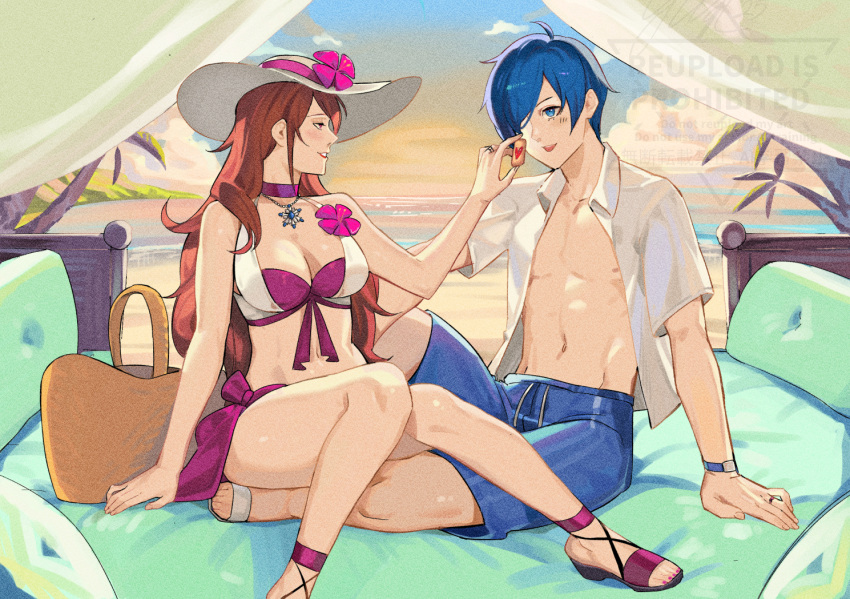 1boy, 1girl, atlus, bag, beach, bikini, blue_hair, cookie, couch, couple, flower, food, food_on_face, kirijou_mitsuru, male_swimwear, megami_tensei, navel, persona, persona_3, persona_3_reload, red_hair, sega, sun_hat, sunset, swim_trunks, swimsuit, white_shirt, yusi_vishnu, yuuki_makoto_(persona_3)