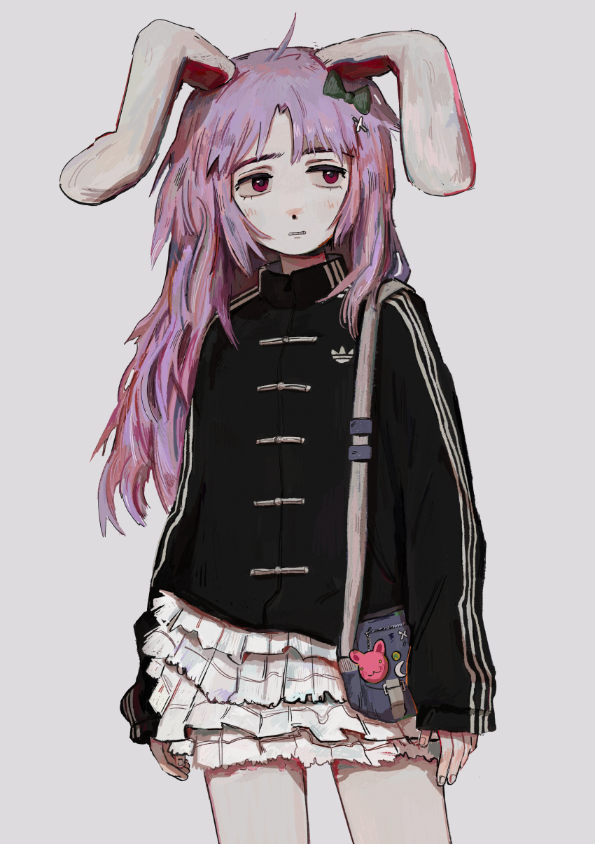 1girl, absurdres, animal_ears, bag, black_jacket, bow, cowboy_shot, fffkorobka