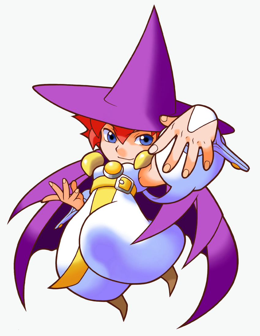 1girl, baggy_pants, belt_around_waist, blue_eyes, cape, chibi, detached_sleeves, game_cg