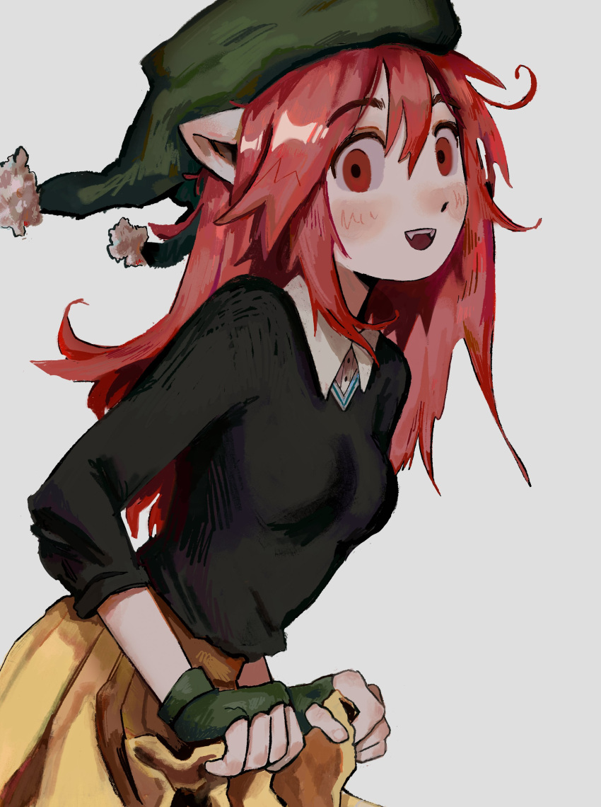 1girl, absurdres, black_shirt, collared_shirt, elfen_lied, fangs, fffkorobka, fingerless_gloves, gloves, hair_between_eyes, highres, long_hair, long_sleeves, looking_at_viewer, lucy_(elfen_lied), open_mouth, pink_hair, red_eyes, robot_ears, shirt, simple_background, skirt, smile, solo, white_background, yellow_skirt