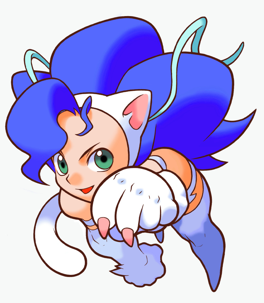 1girl, :d, animal_ears, animal_hands, big_hair, blue_hair, body_fur, cat_ears