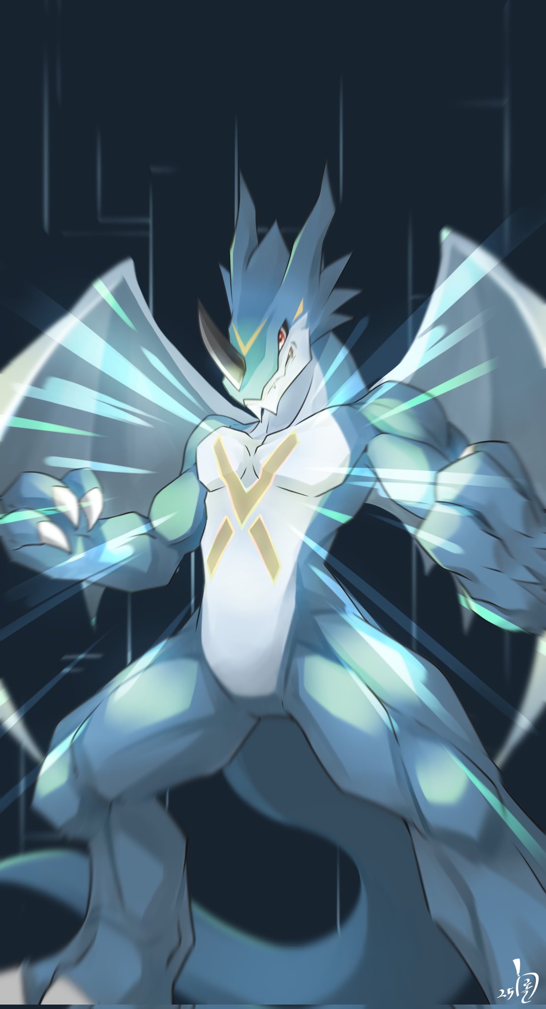 blue_background, blue_skin, clenched_hands, colored_skin, corrupted_twitter_file, digimon, digimon_(creature), dragon