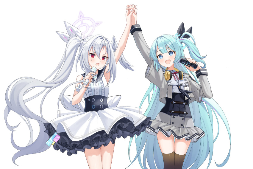 2girls, aaroza, absurdres, armpits, bare_shoulders, black_sailor_collar, blue_archive, buttons