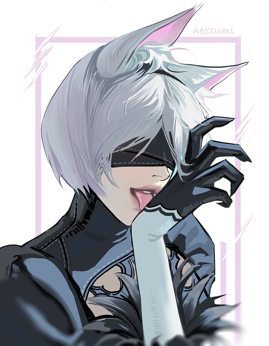 1girl, 2b_(nier:automata), animal_ear_fluff, animal_ears, black_hairband, blindfold, border, cat_ears