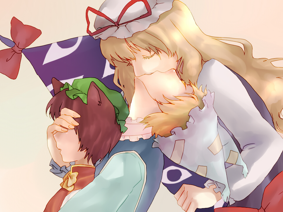 animal_ears, bad_id, blonde_hair, bow, brown_hair, cat_ears, chen, closed_eyes, colored_eyelashes, covering, covering_eyes, covering_face, eyelashes, eyes, eyes_closed, gap, hat, hat_ribbon, kiss, leaning_back, long_hair, multiple_girls, pappappao, ribbon, short_hair, touhou, yakumo_ran, yakumo_yukari, yuri